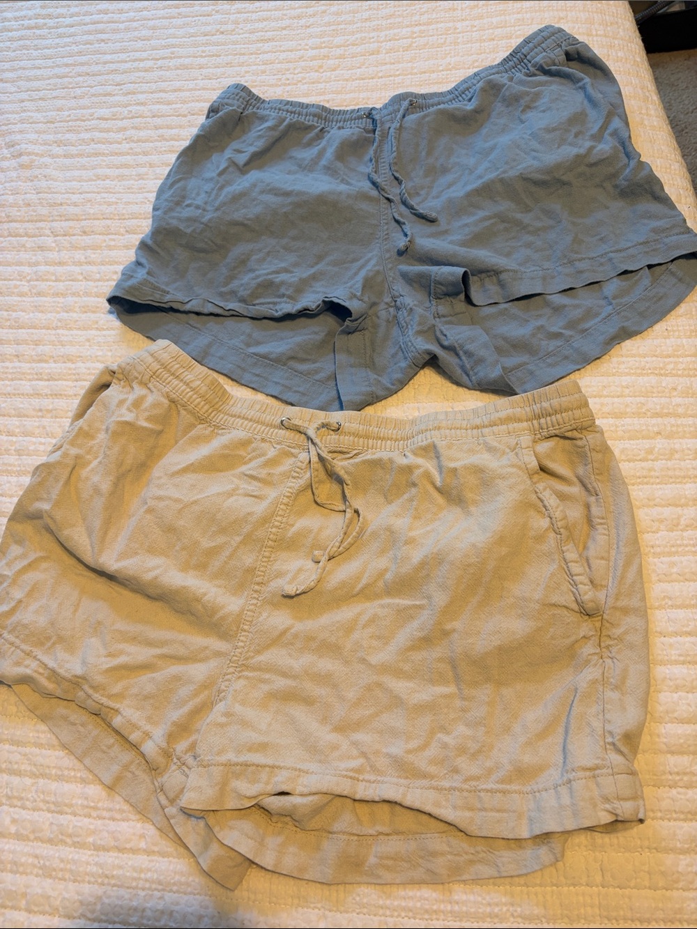 H&M Relaxed Drawstring Shorts Duo in Light Blue and Khaki